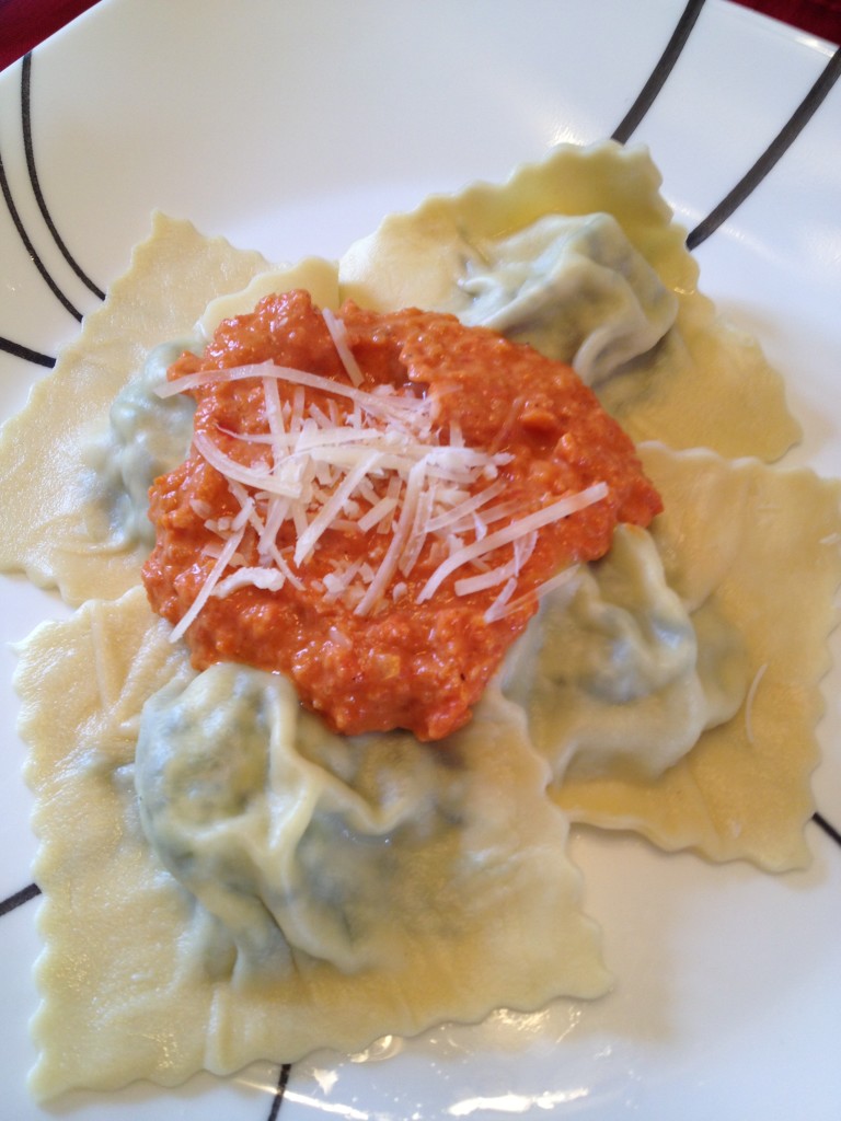 Well Dined | Spinach Ravioli with Tomato-Vegetable-Cream Sauce
