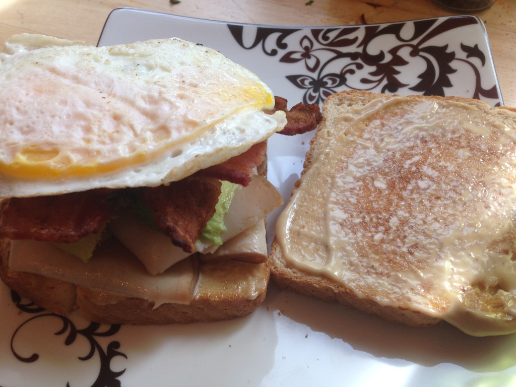 Well Dined | Turkey, Bacon, Avocado, and Egg Sandwich on Toast with Roasted Garlic Aioli