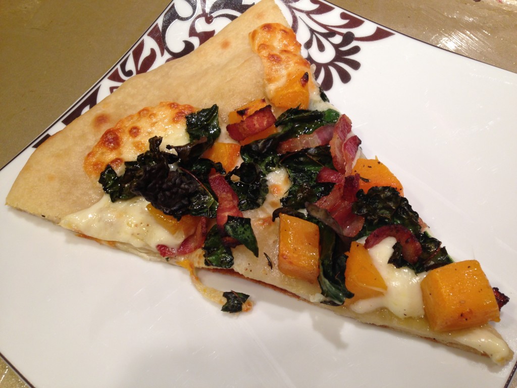 Well Dined | Butternut Squash and Kale Pizza with Smoked Mozzarella and Bacon