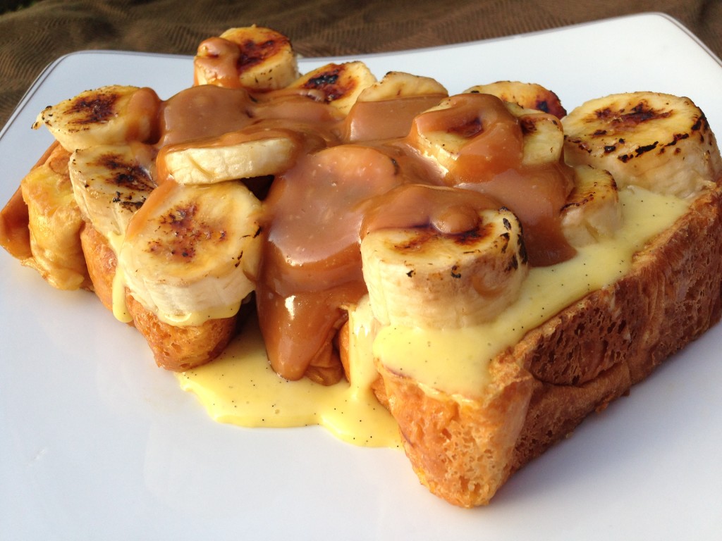 Well Dined | Brioche French Toast with Bruleed Bananas, Vanilla Cream, and Salted Caramel