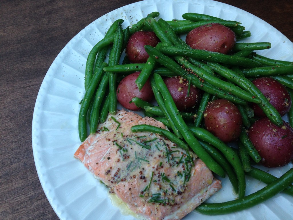 Well Dined | Broiled Salmon with Mustard Butter and Boiled Potatoes and Green Beans