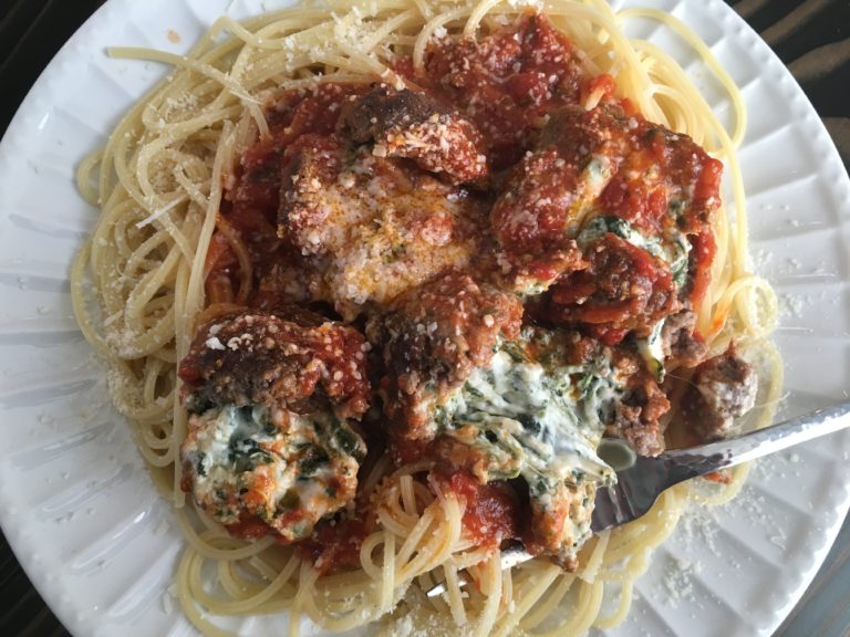 Well Dined | Oozing Eyeball Pasta (Spinach Dip Stuffed Meatballs)