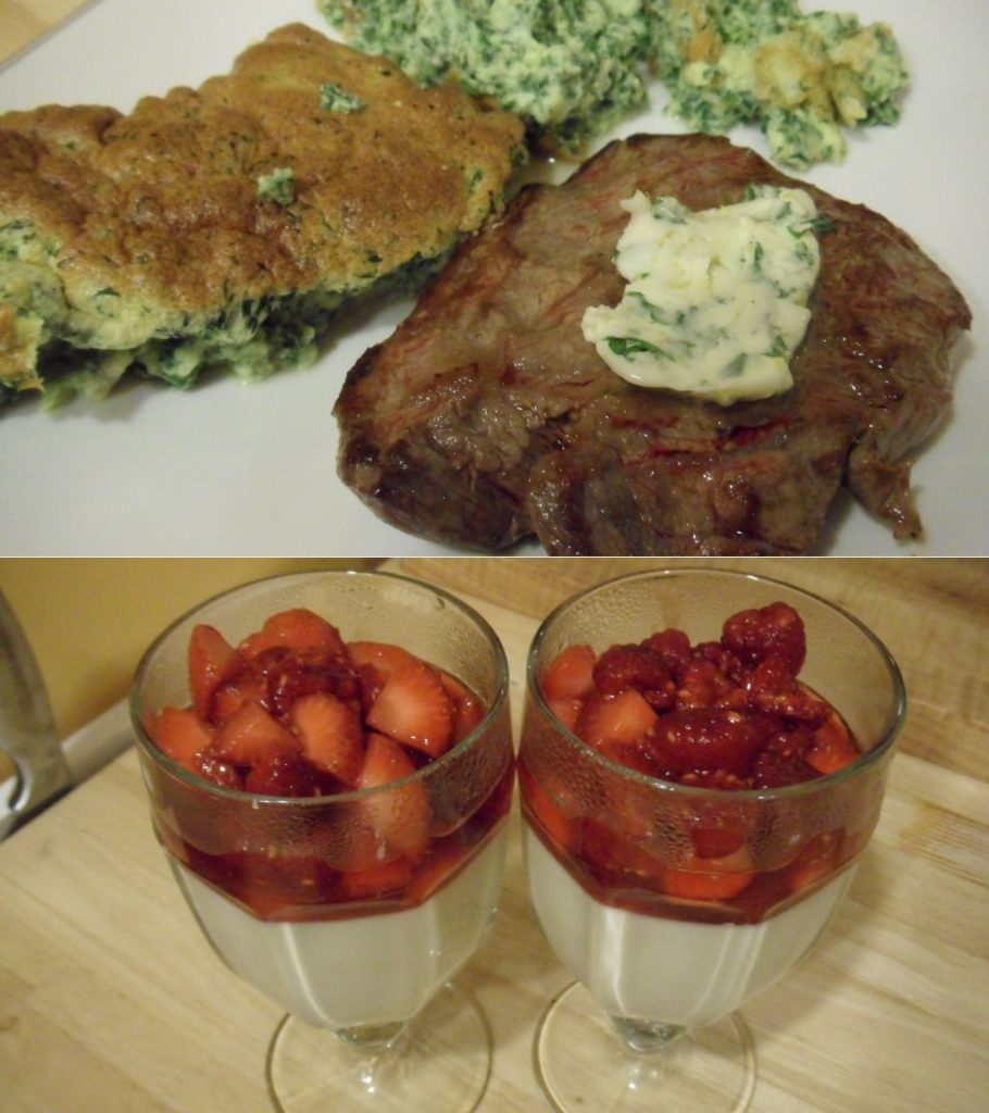 Well Dined | Steak, Spinach Souffle, Panna Cotta with Berry Compote